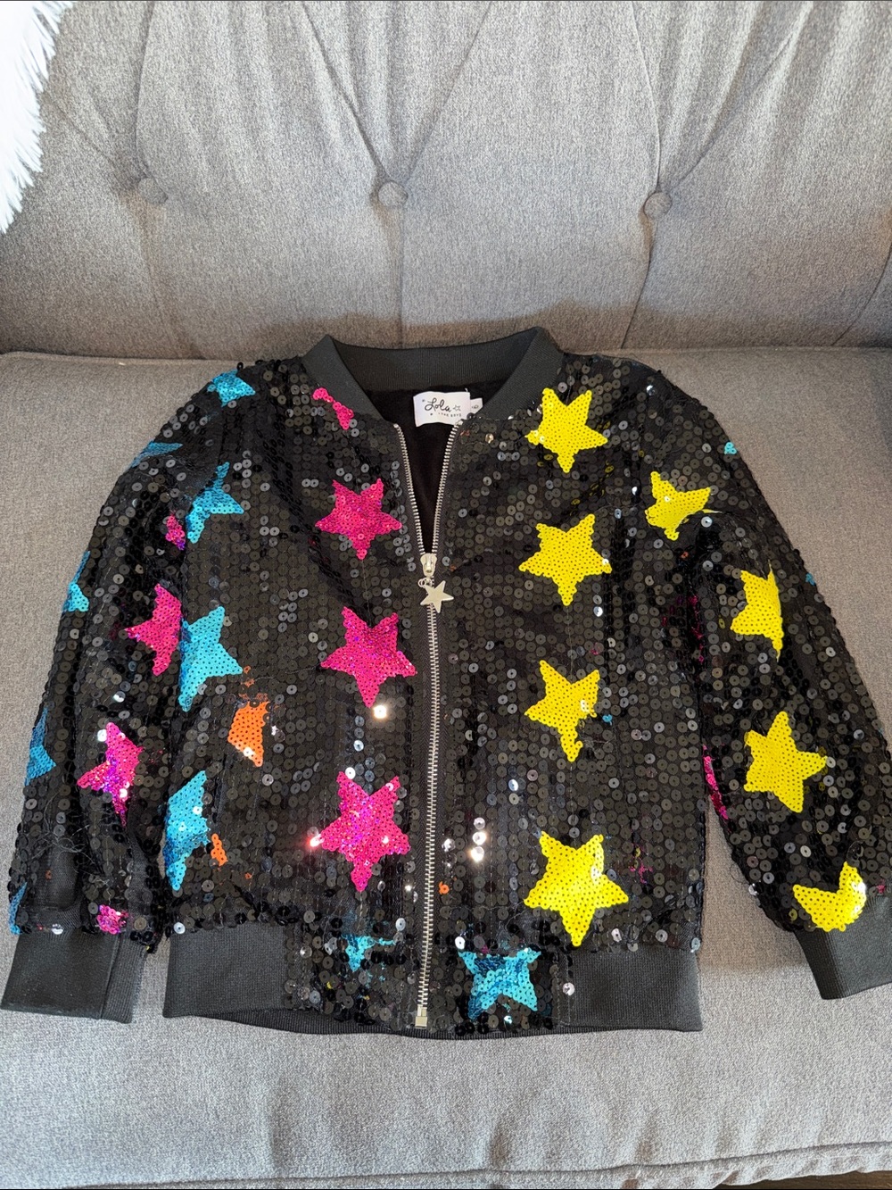 Sequin Star Kids Bomber Jacket - Black with Yellow, Pink & Blue Stars